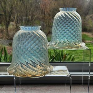 Antique Fenton Glass Fluted Lamp Shade Spiral Optic Vaseline Clear Swirl Glows